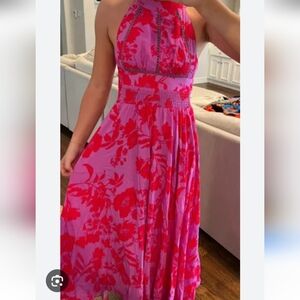 Anthropologie Abel The Label Pink & Red Floral Halter Maxi Dress. Size L